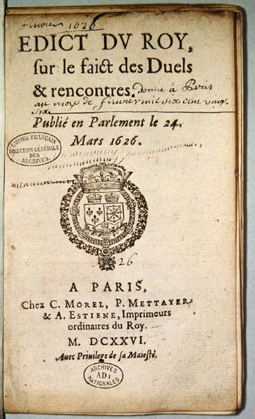 Frontispiece from Edict du Roy sur le Faict des Duels et Rencontres, March 1626 by French School
